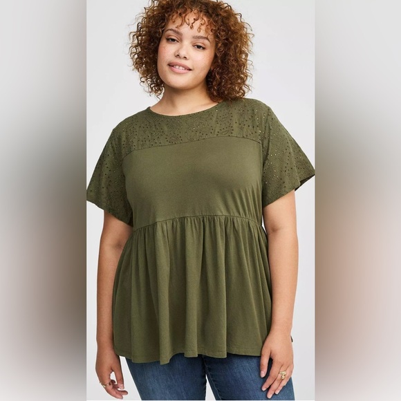 torrid Tops - Torrid Vintage Cotton Jersey Crew Neck
Eyelet Yoke Babydoll Top in Olive Green